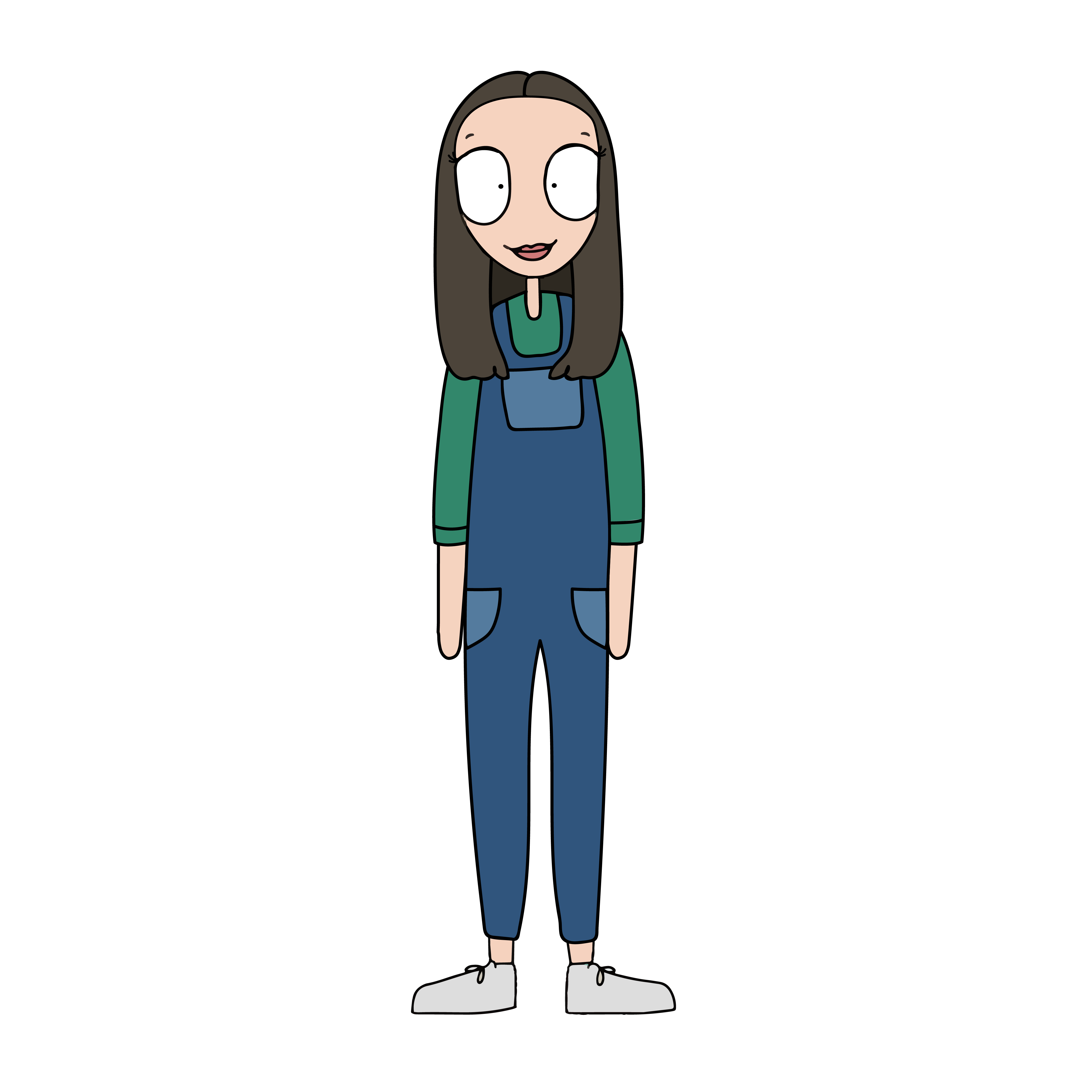 Simple illustration of a white woman with brown hair wearing a green top and blue dungarees