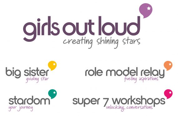 Girls out loud logo in dark purple rounded font with a lighter purple speech bubble.