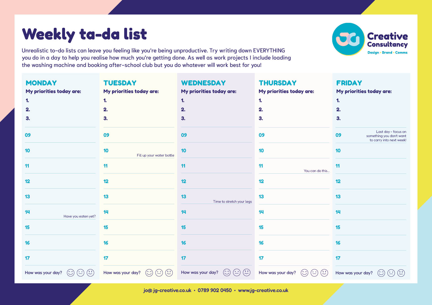 Single A4 page planner marked into Monday to Friday with spaces for you to fill out what you've done this week.
