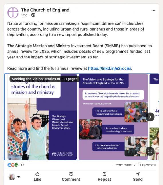 Linkedin post from the Church of England launching the Annual Report with visually engaging graphics to show the key information.