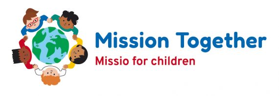 Mission Together logo landscape Mission Together logo with icon of 5 children standing in a circle round a globe on the left